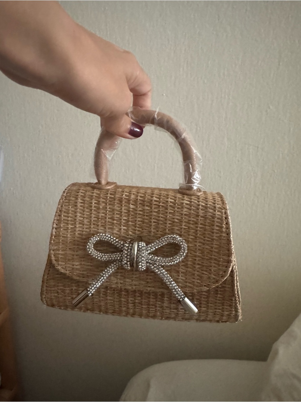 Anthropologie Tan Woven Mini Top-Handle Bag with Rhinestone Bow - Picture 3 of 6